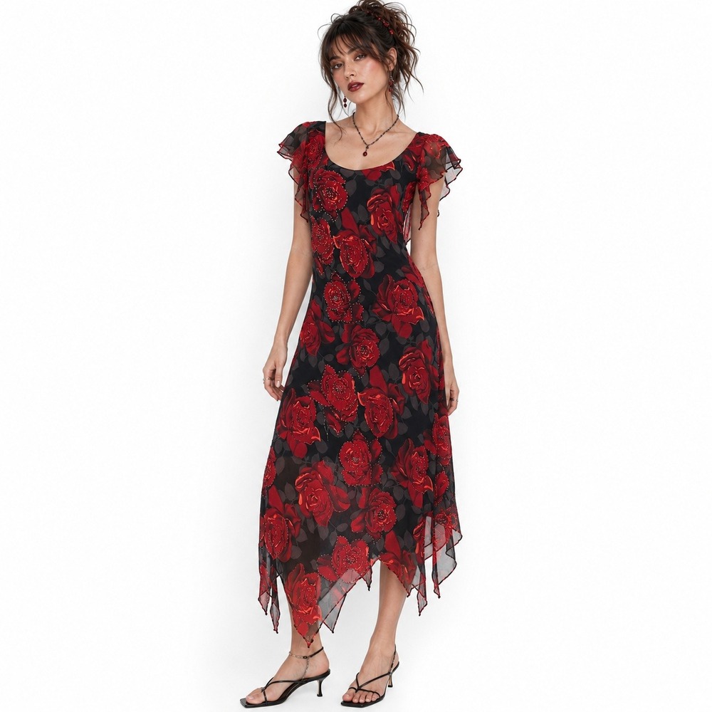 Vintage Lapis Silk Bias Rose Maxi Dress L Black Red Hanky Hem Whimsigoth Y2K NWT